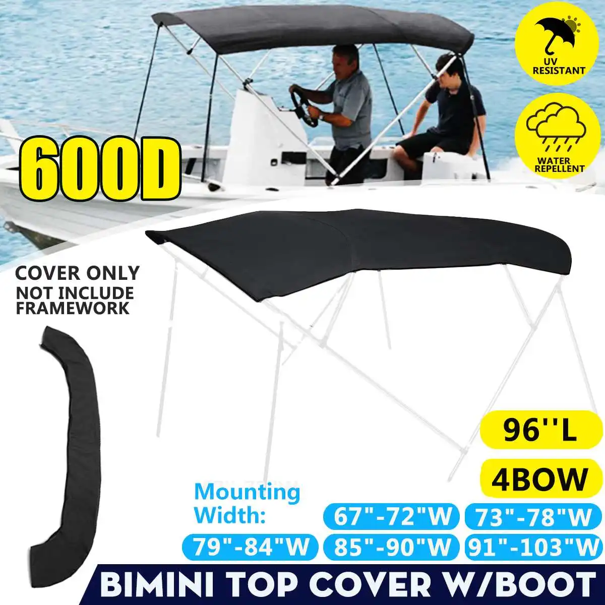 4 Bow Bimini Top Canvas Cover 600D Waterproof Anti-UV Protection Roof Canopy w/Boot Cover Storage For V-Hull Jon Boats