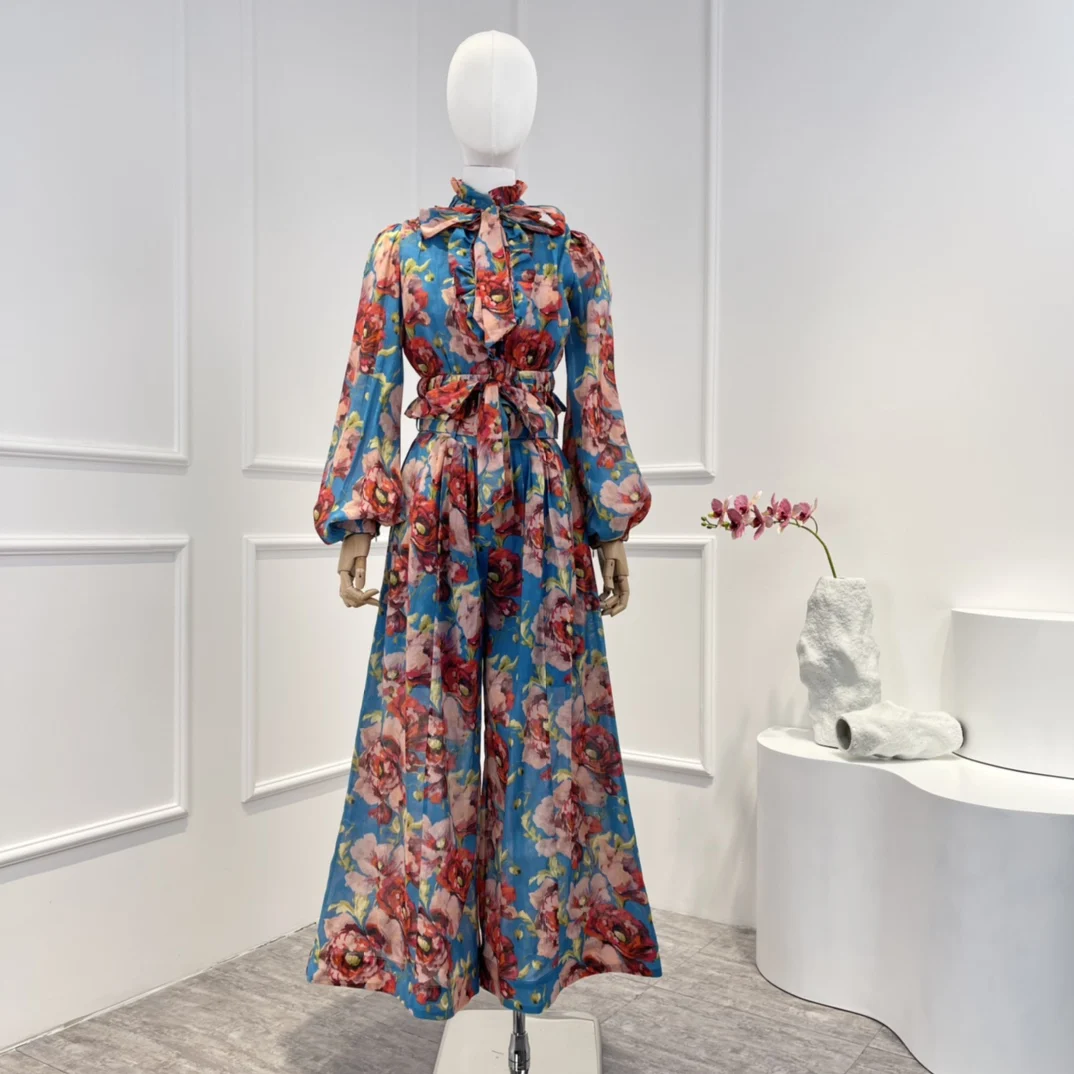 

Женский брючный костюм из блузки и брюк, винтажная блузка из высококачественной ткани рами с цветочным принтом и бантом на воротнике, с эластичным поясом и широкими штанинами, осень 2022