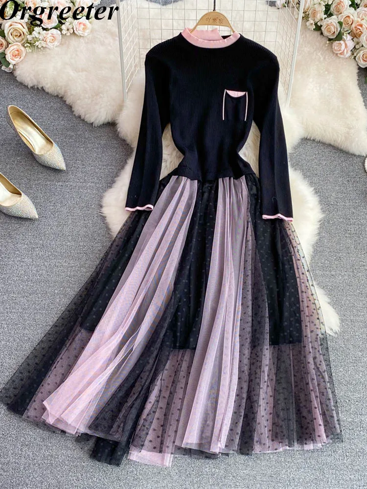 

Осеннее платье с имитацией двух частей, новинка 2022, элегантное вязаное Сетчатое лоскутное приталенное длинное платье для женщин, платья с принтом в горошек, женские халаты