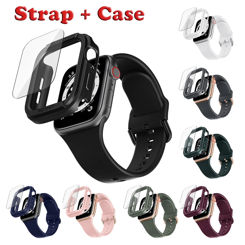 Silicone Watch Strap + Case for Apple Watch Band 40mm 44mm Sport Bracelet Case Bumper + Tempered film for iWatch series 6 se 5 4