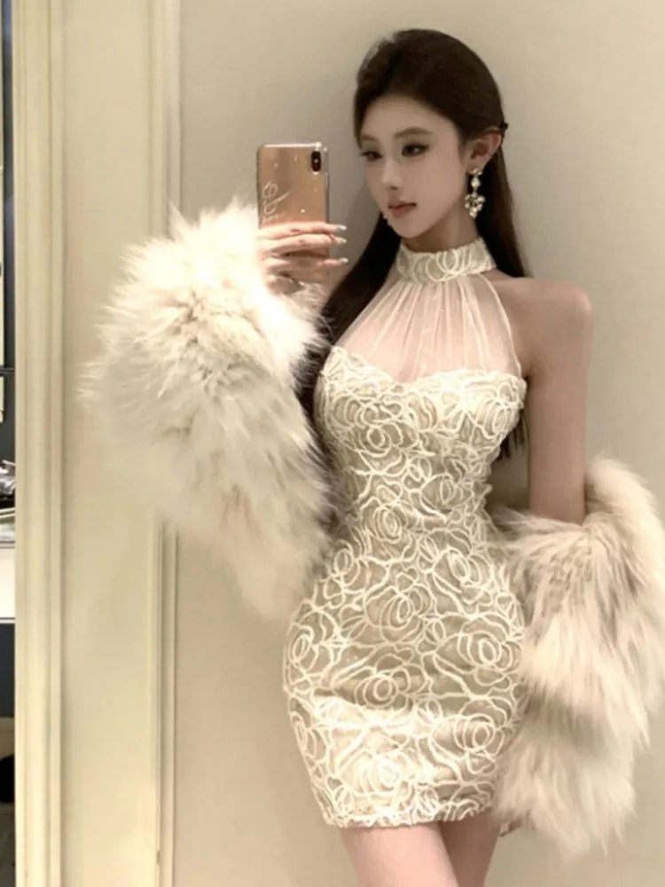 Ezgaga платья женские сексуальные без рукавов с лямкой на шее сетчатые лоскутные