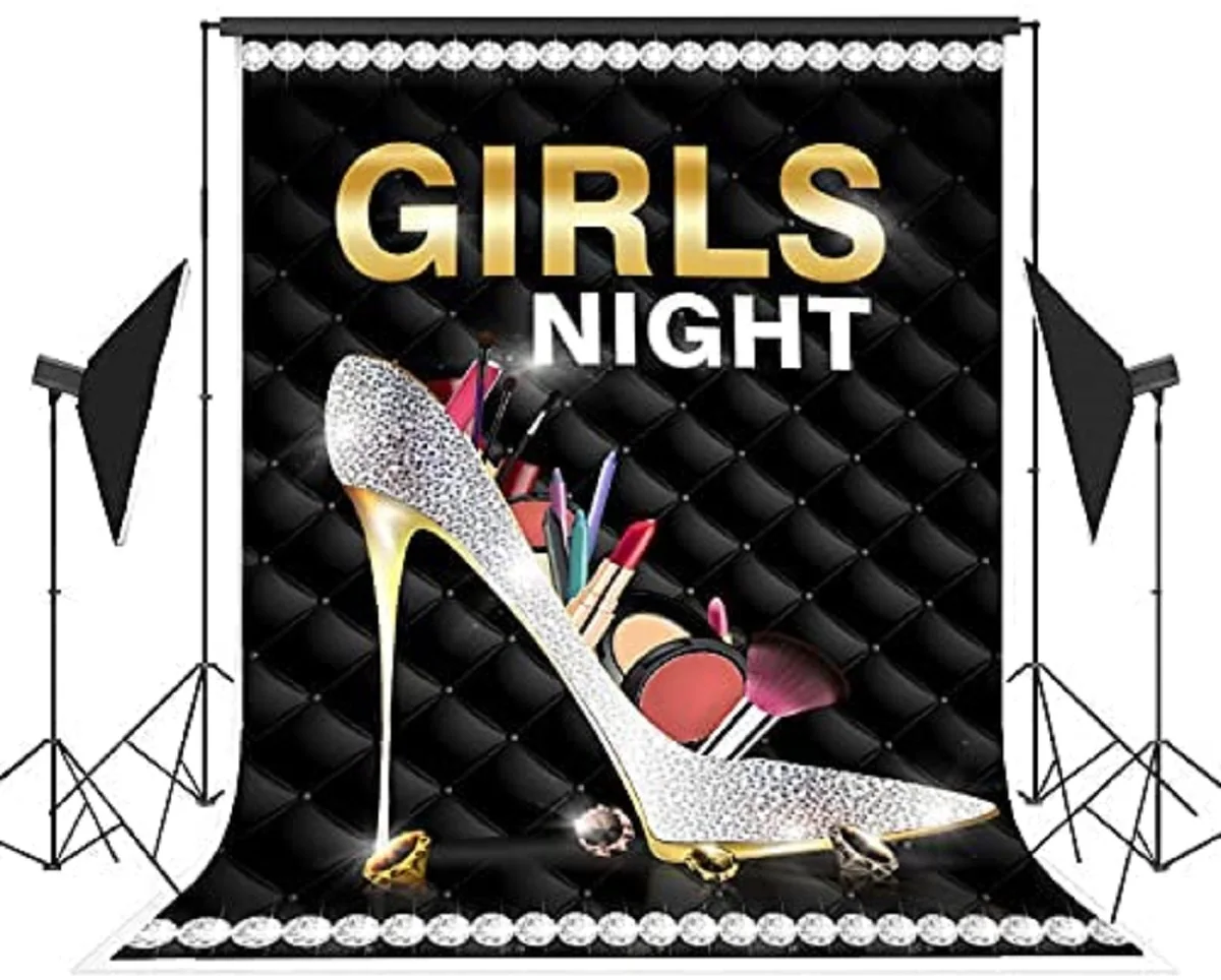 

Black And Gold Girls Night Photography Backdrop Silver High Heels Glitter Diamonds Birthday Background Wedding Makeup Party