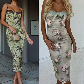 Sling Maxi Dress Slim Fit Floral Print Dress Sleeveless Summer Tunic Dress Backless Square Neck Elegent Sexy Holidays Vacation 1