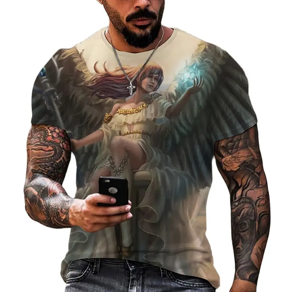

3D angel print vintage T-shirt casual loose short-sleeved shirt T-shirt men's clothing shirt