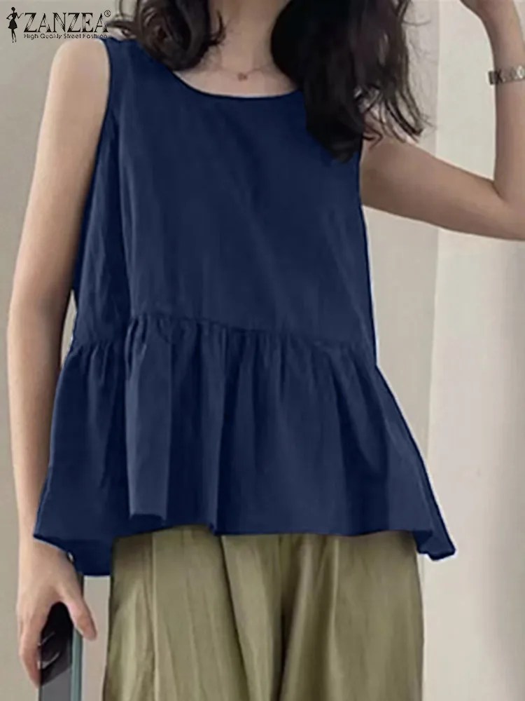 

Stylish Summer Sleeveless Blouse ZANZEA Women Casual Ruffles Hem Shirt Female Loose Tunic Tops Solid Beach Blusas Camis Chemise
