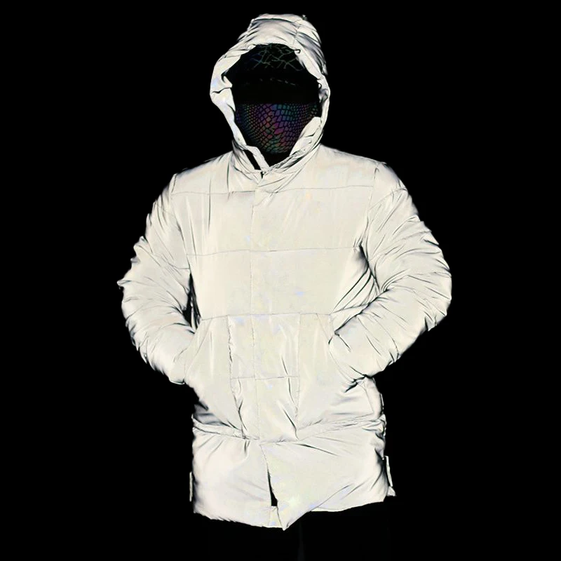 Parklees Men Reflective Cotton Padded Jacket Coat 2022 Winter New Night Fluprescent Hooded Coat Fashion Hiphop Warm Overcoat 3XL