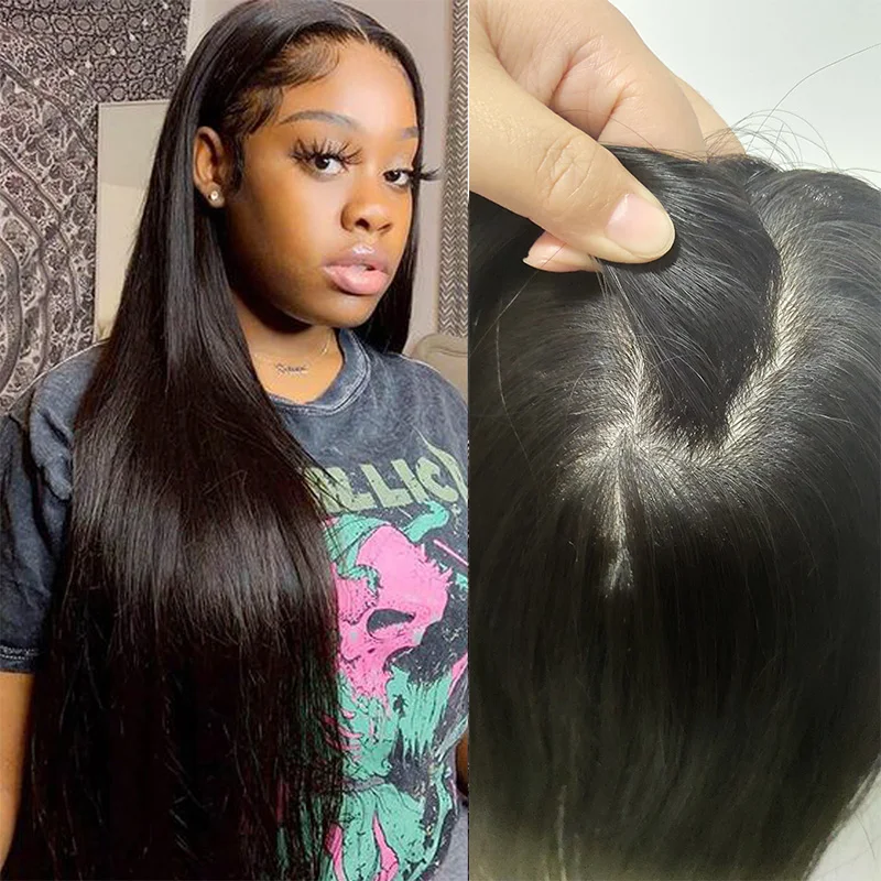 European Hair 16x18 cm Jet Black Skin Base Human Hair Topper With 4 Clips In Silk Top Virgin Toupee for Women Fine Hairpiece