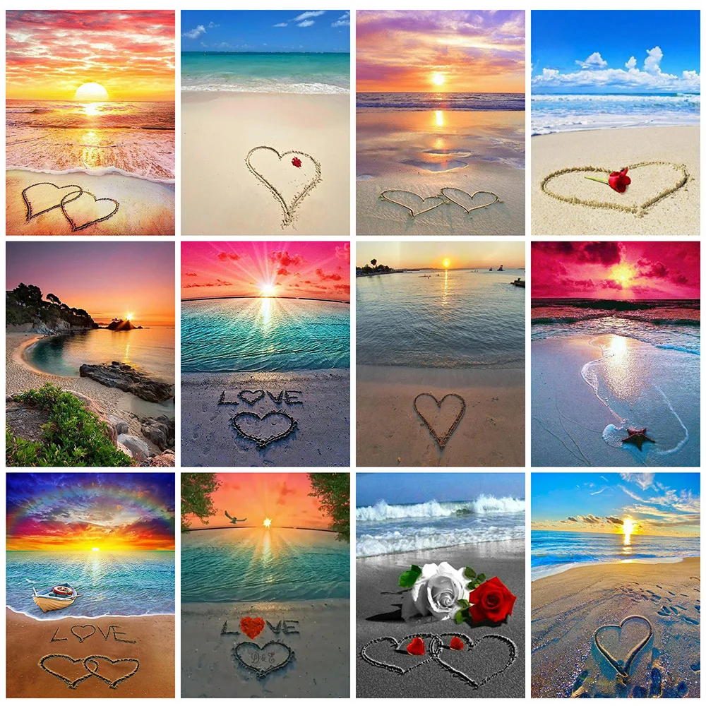 

HUACAN Diamond Mosaic Landscape Seaside 5D DIY Diamond Painting Sunset Love Full Square/Round Drill Embroidery Home Decor Gift