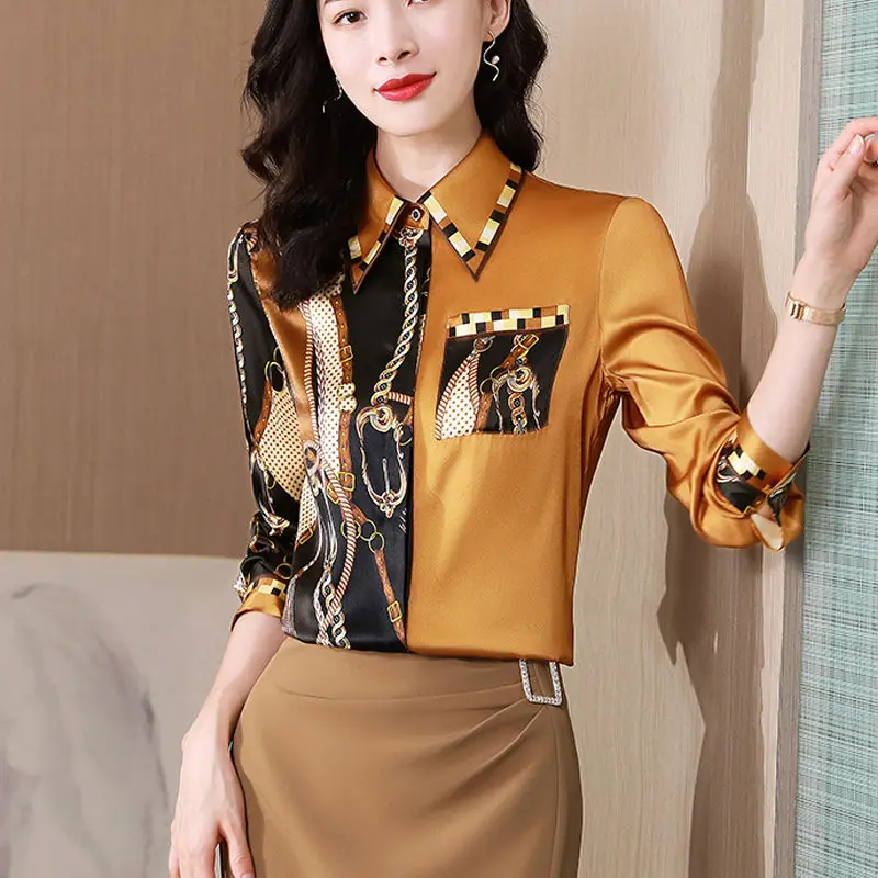

Vintage Print Silk Shirt Women Blouses Loose Satin Top Female Shirts and Blouse Spring Button Up Loose Office Lady Tops E169