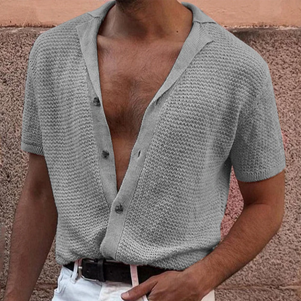 

Рубашка мужская Трикотажная на пуговицах, красивая Пляжная футболка с коротким рукавом, модная дышащая блузка, на пуговицах, на лето