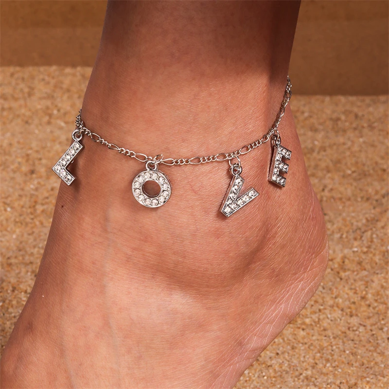 

Fashion Crystal LOVE Letter Anklet Bracelet for Women Summer Beach On Leg Foot Chain Anklet Girls Holiday Jewelry Accessories