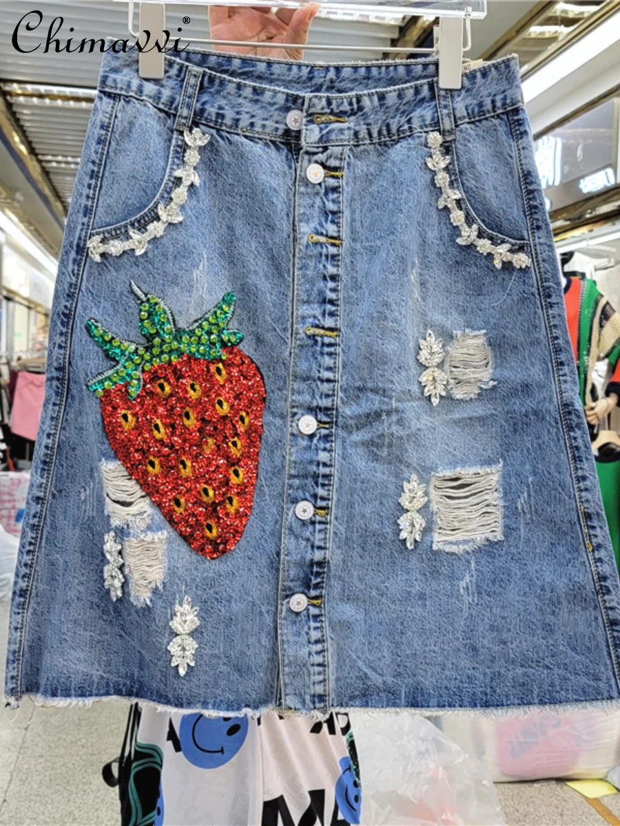 

Heavy Beads Diamond Strawberry Decorative Denim Skirt Women's Summer 2022 New Fashion High Waist Slim Elegant A- Line Skirts