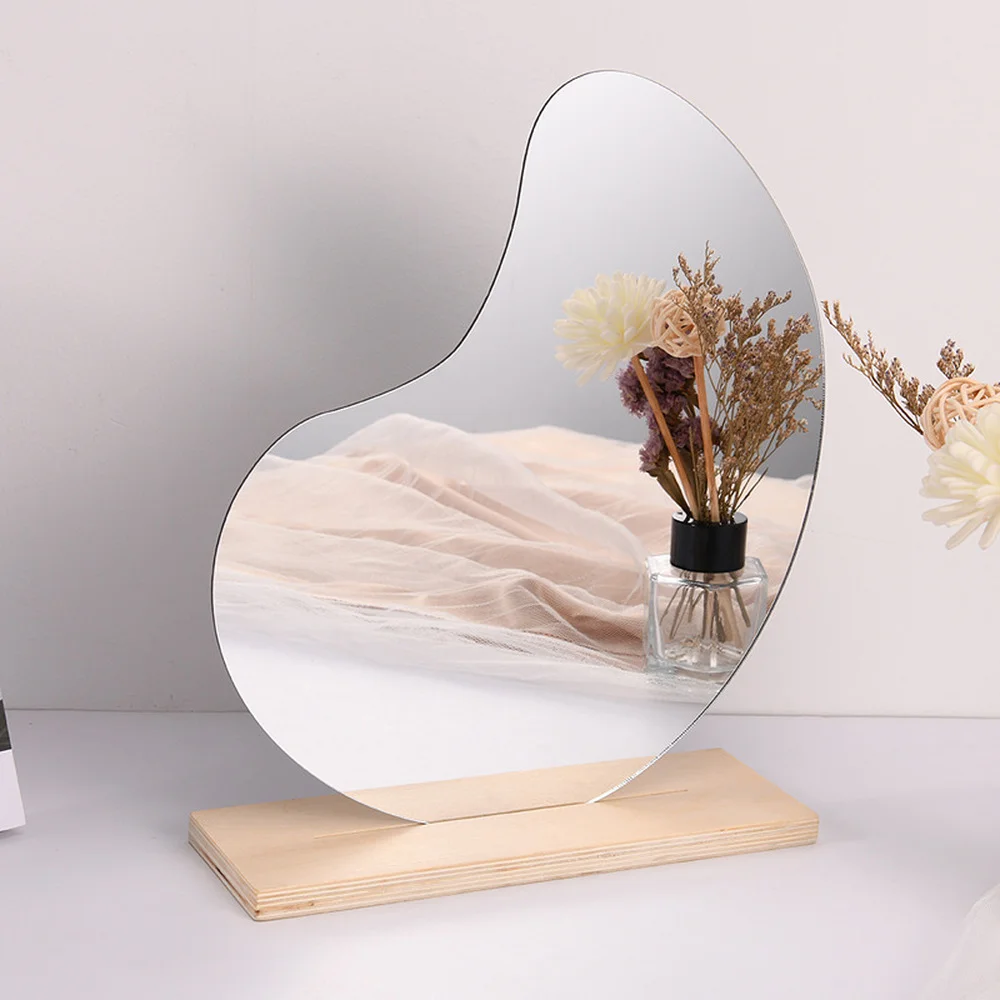 

Ins Small Fresh Bean Mirror Wooden Bottom Irregular Shaped Dressing Mirror Acrylic Dormitory Desktop Desktop Makeup Mirror