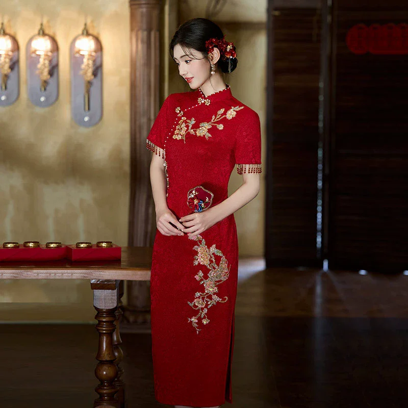 Фото Красное женское платье Cheongsam высокого класса, новое платье Ципао в китайском стиле для невесты, 2025, новое обручальное, свадебное, банкетное №3