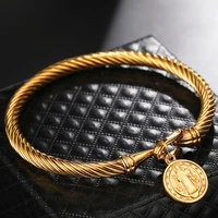 jesus san benito wire bangles stainless steel saint benedict medal bracelet for men women gold color religious jewelry gift