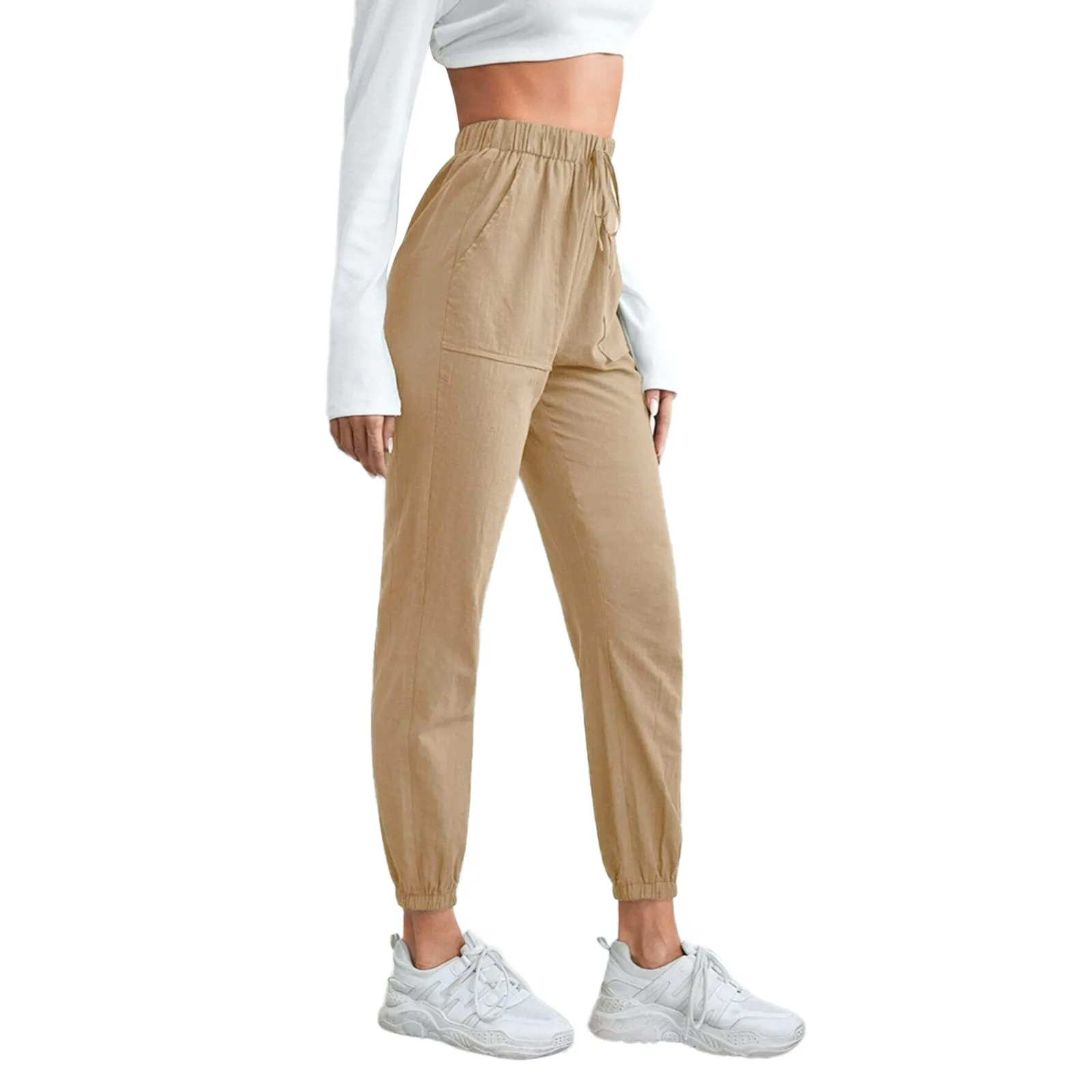 

Women Solid Color Trouser Pants Pocket Cotton And Linen Elastic Waist Loose T-shirt Casual Womens plus Size Casual Dress Pants