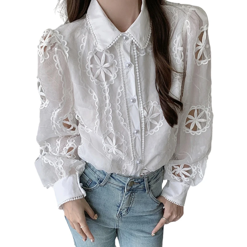 Весенне-осенняя белая рубашка с вырезами женская одежда дворцовый стиль