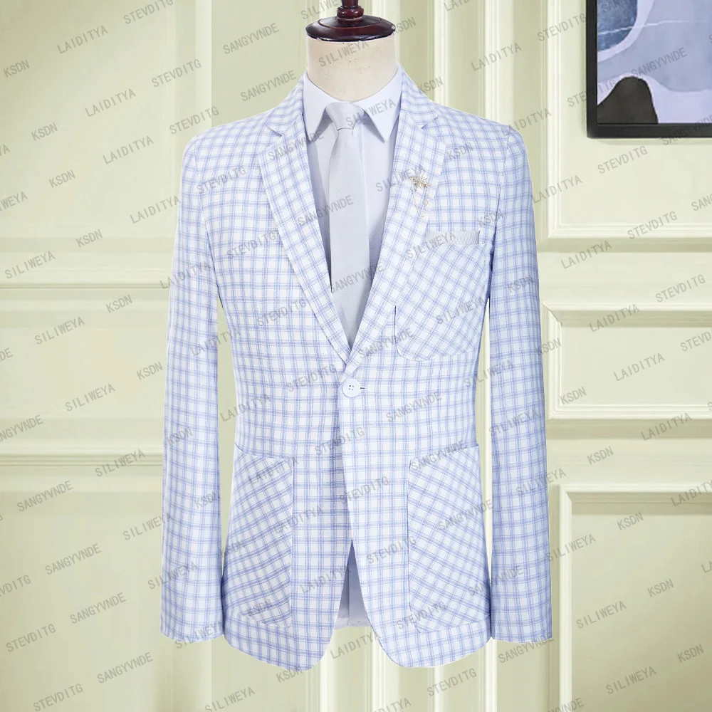

Блейзер Мужской, Модный деловой пиджак, приталенный, в белую, синюю клетку, однобортный, весенний пиджак, костюм для шафера 2023