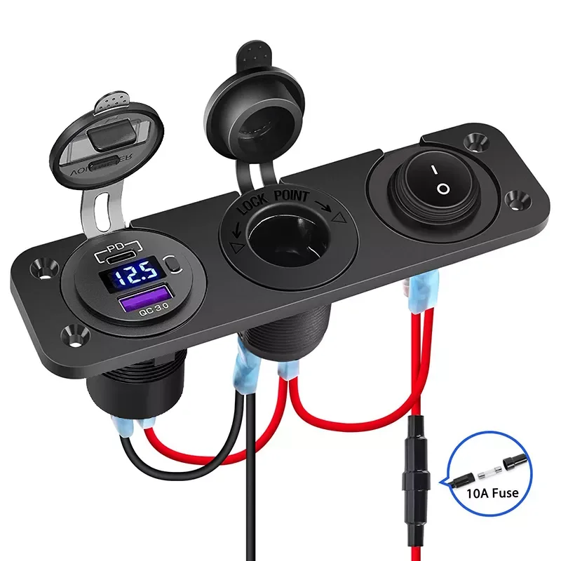 

Lighter Socket 12V Splitter with Rocker Toggle Switch PD&QC3.0 USB C Outlet with LED Voltmeter Waterproof for Car Boat
