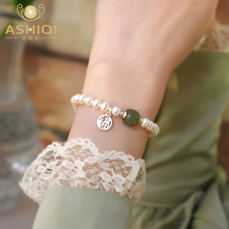 

ASHIQI Natural Nephrite Freshwater Pearl 925 Sterling Silver Bracelet Fashion Personality New Trend for Women