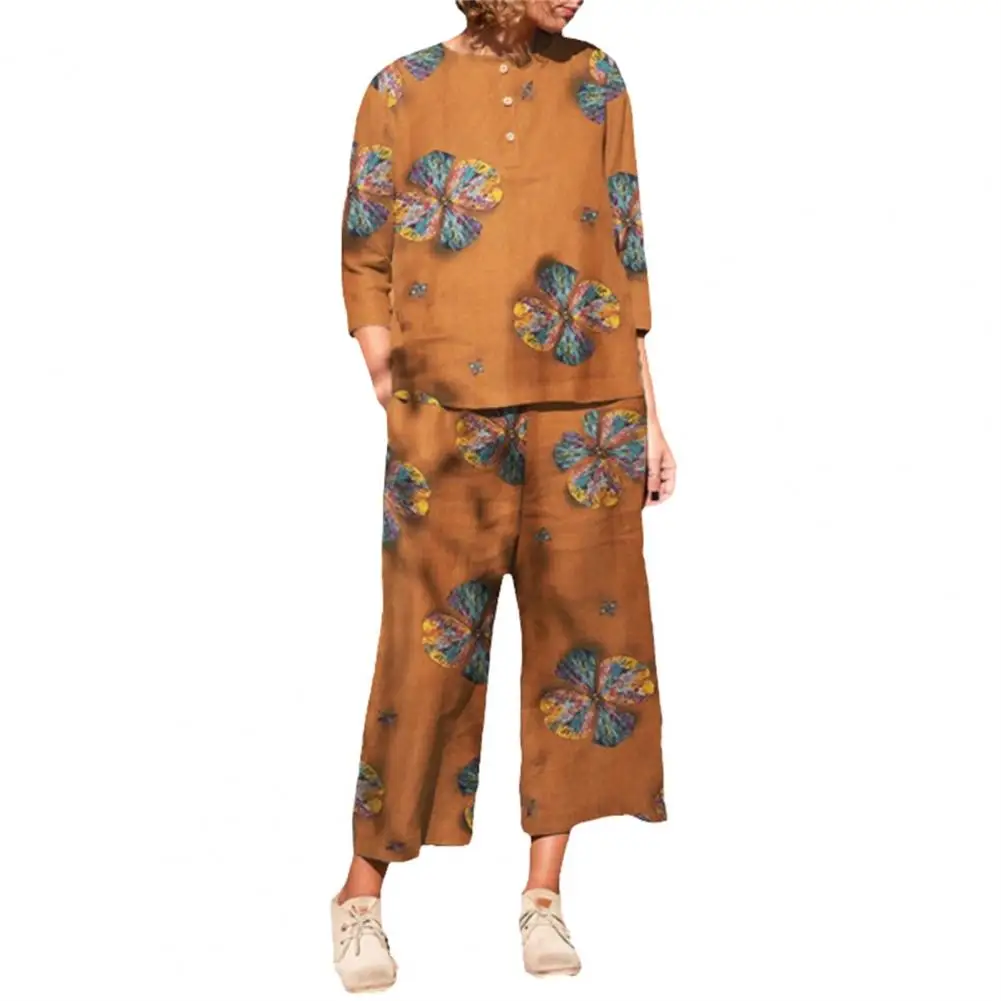 

2 Pcs/Set Summer Top Pants Suit Loose Type Buttons Pullover Soft Fabric Super Floral Print Wide Leg Blouse Pants Set Female