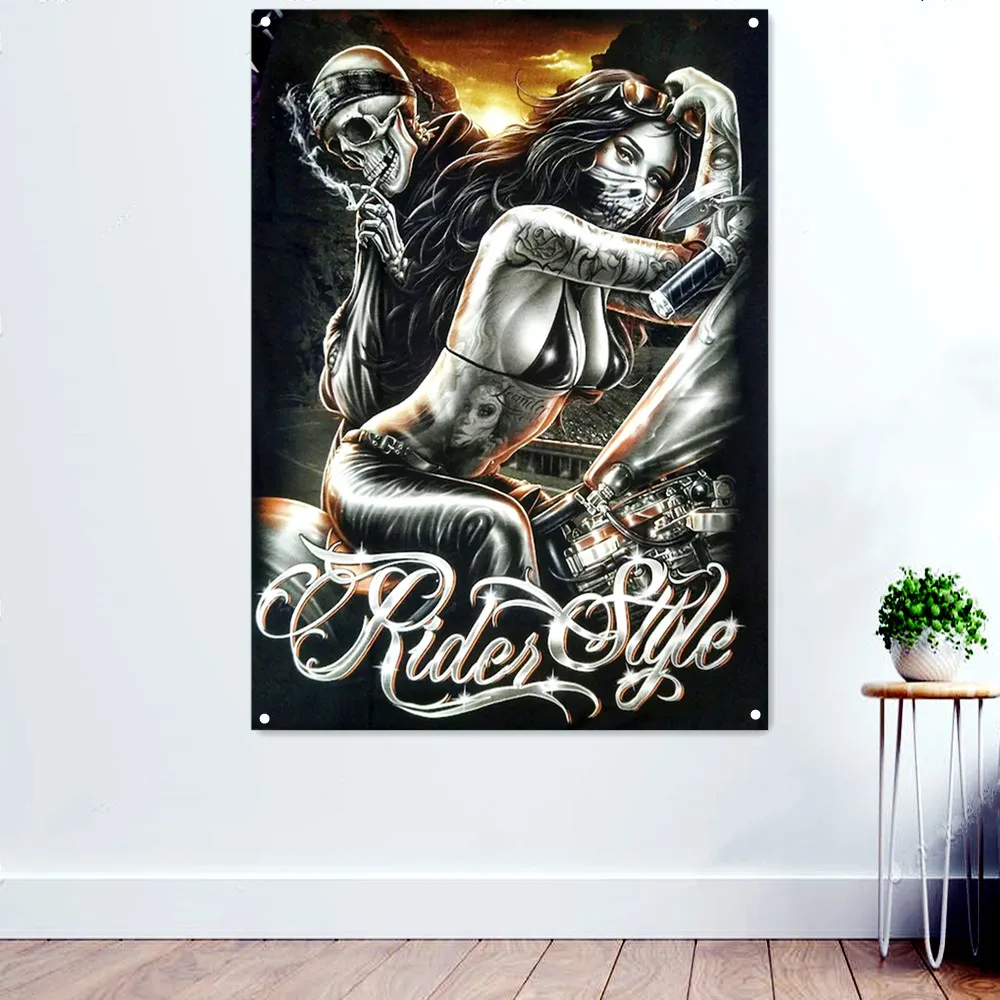 

Sexy Girl and Smoking Skeleton Rider Wall Art Tapestry Chicano Tattoo Poster Death Art Banner Wall Hanging Flag Canvas Painting