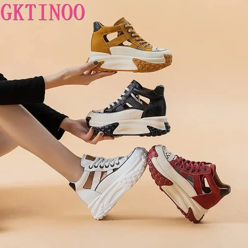 

GKTINOO Genuine Leather Women Platform Sandals Wedges Shoes Hollow Women Summer Height Increasing Sneakers Elegant Ankle Boots