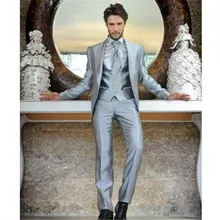 Latest Silver Satin Wedding Suits For Men 3Pieces(Jacket+Pants+Vest+Tie) Trajes De Hombre Tuxedo Sui