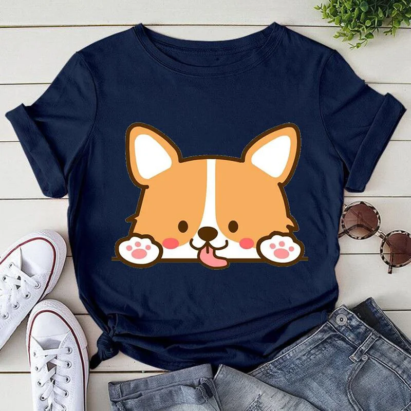 Женская футболка с коротким рукавом круглым вырезом и принтом собаки
