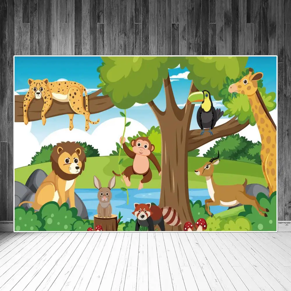 

Jungle Forest Safari Party Photography Backdrops Decoration Cartoon Animals Custom Baby Photocall Photo Booth Backgrounds Props