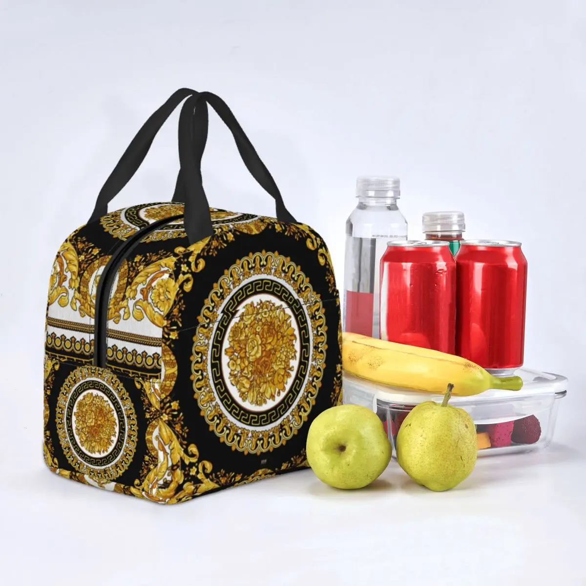 Decorative Golden Medallion Baroque Lunch Bags Waterproof Insulated Cooler Thermal Cold Food Picnic Lunch Box for Women Kids