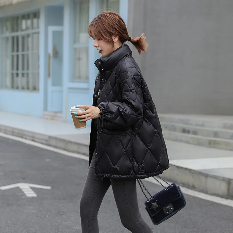 Hairless Collar Down Jacket White Duck Down Filled Long Sleeved Chessboard Composite Fabric Medium Length Puffer Jacket Winter