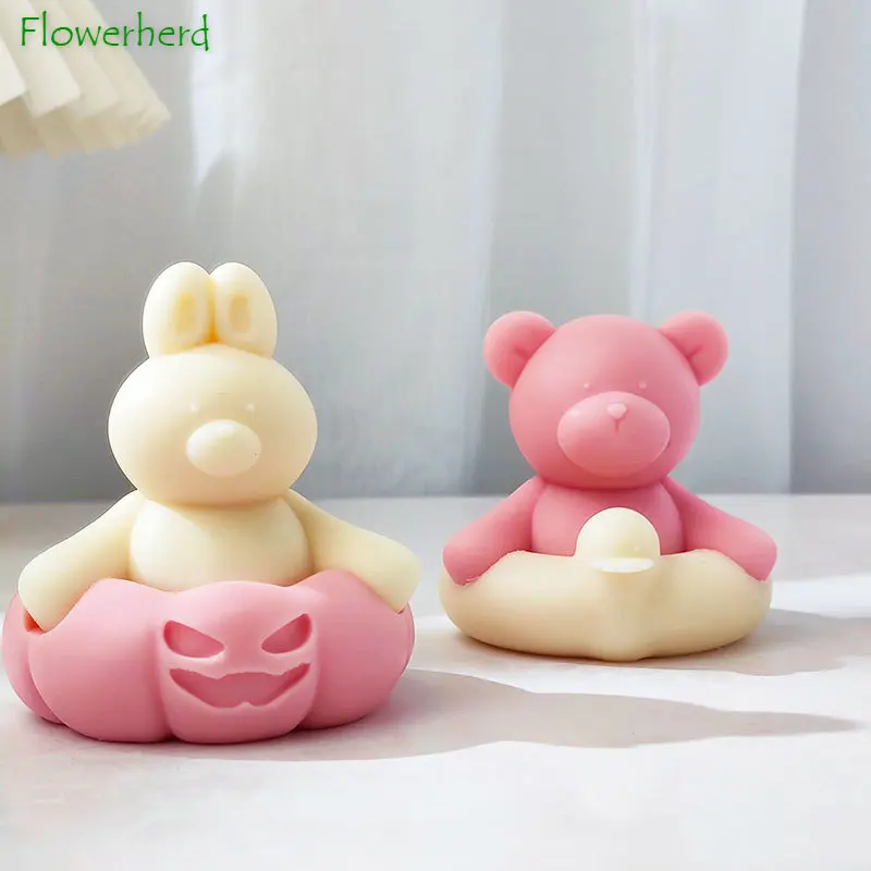 

Funny Mr. Ms. Bear Candle Silicone Mold with Duck Pumpkin Ring Base Plaster Gypsum Aroma Pendant Handmade Candle Making Supplies