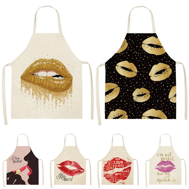 

Red Lips Retro Printed Apron Kitchen Cooking Pinafore Household Cleaning Home Cook Linen Adult Bibs Sleeveless Kids BBQ Aprons