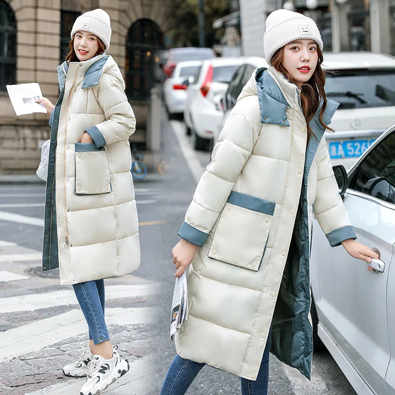 

White and Blue Splicing Down Long Coat Korean Style Elegant Windproof Coat Casual Warm Hooded Coat for Female Autumn Winter 2022