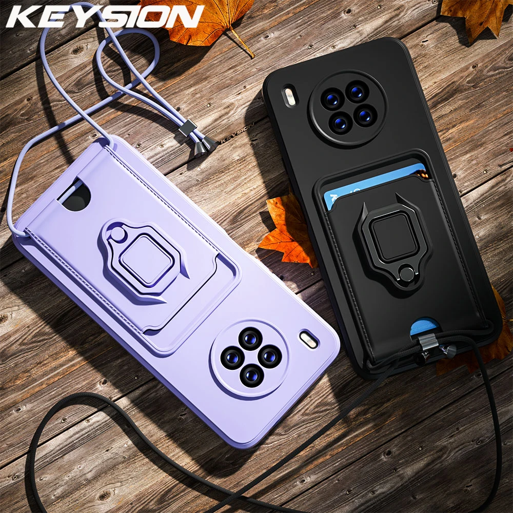 

KEYSION Shockproof Case for Honor 50 Lite Liquid Silicone Card Slot Bag Lanyard Ring Stand Phone Back Cover for Huawei Nova 8i