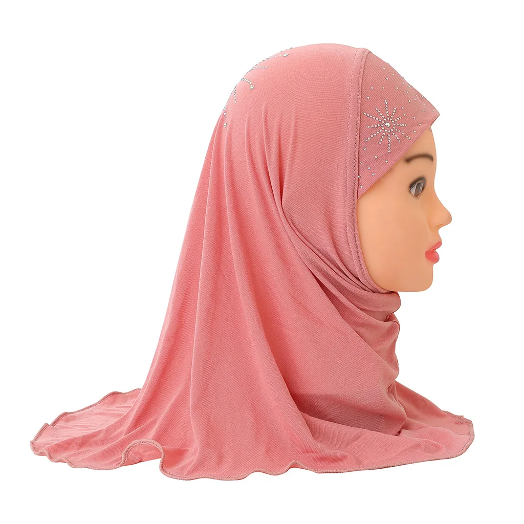 Kids Girls Islamic Muslim Arab Hijab Scarf School Sun Rhinestone Headwear Abaya Hood Hat Shawl Wrap Fashion |