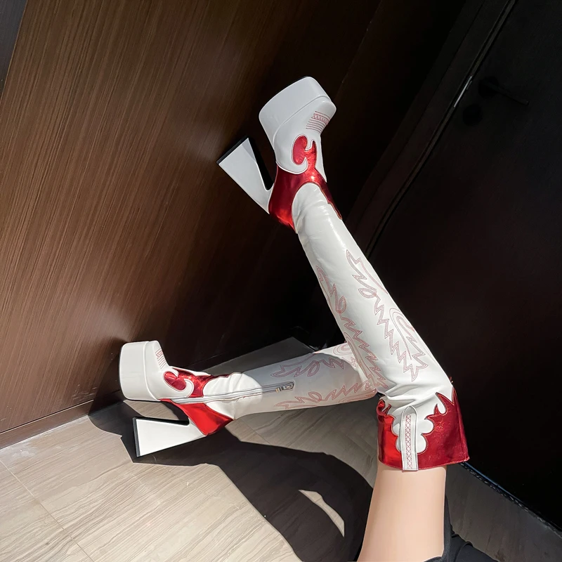 

Arden Furtado 2022 Winter Woman's Over the knee boots Square toe Mixed Colors Embroider Back zipper Chunky heels Western boots