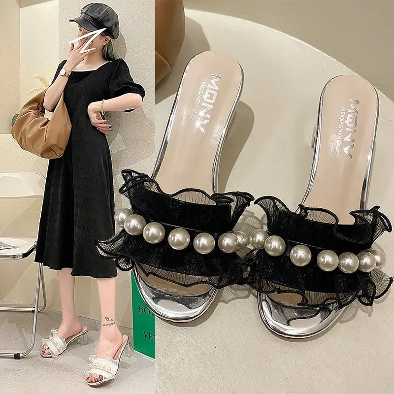 

High Heels Slippers Pearls Dress Shoes Cute Clear Transparent Heeled Lace Slides String Bead Ladies Shoes