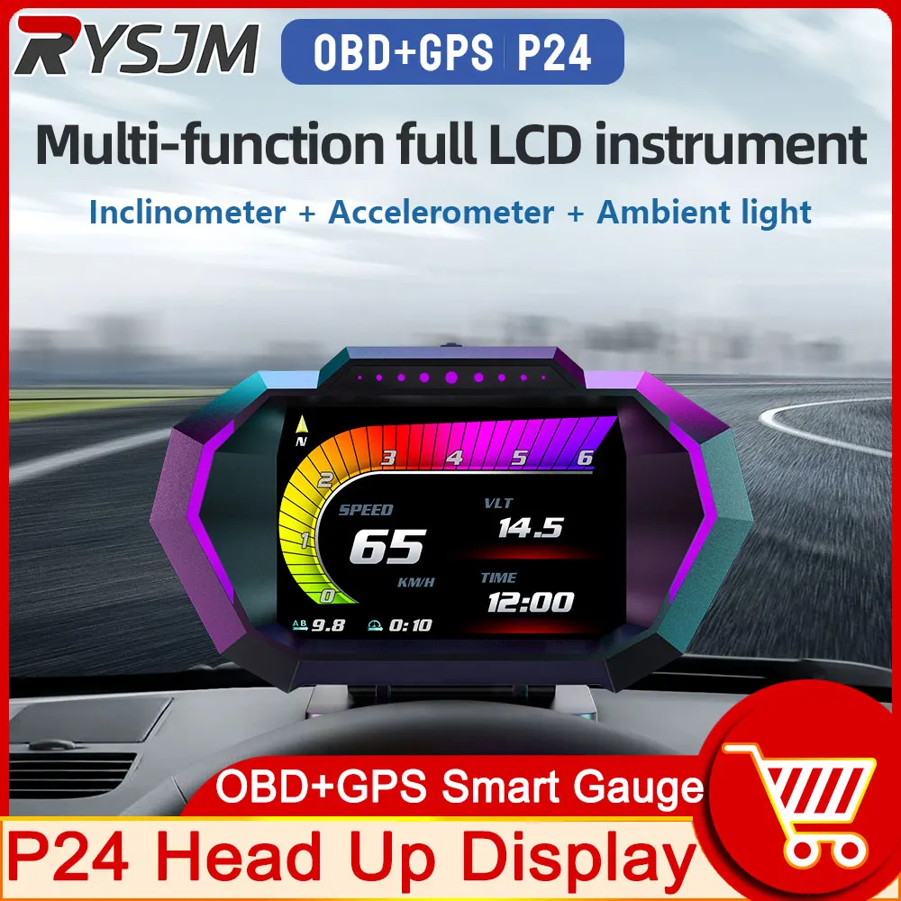 

H P24 HUD Accelerated Test Speedometer Tachometer RPM Gauge Voltmeter 10 Alarm Functions Car Head Up Display OBD GPS Dual System