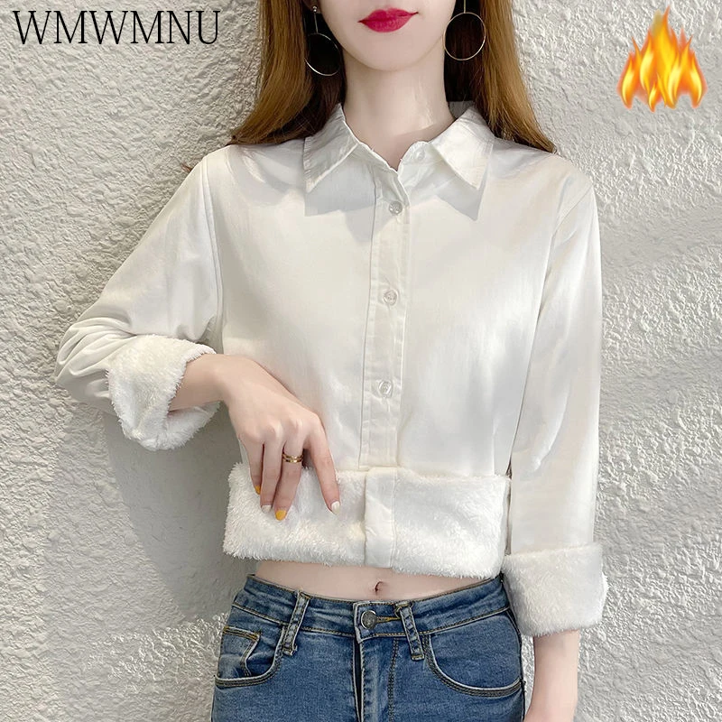 

Thicken Plush Shirts Warm Korean Solid Blouses Long Sleeve Single Breasted Fleece Lined Tops Casual Loose Coats Female's Chemise