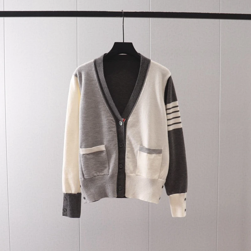 

Autumn and Winter New TB British Style Wool Blended Colored V-neck Long Sleeve Knitted Cardigan Loose Sweater Coat