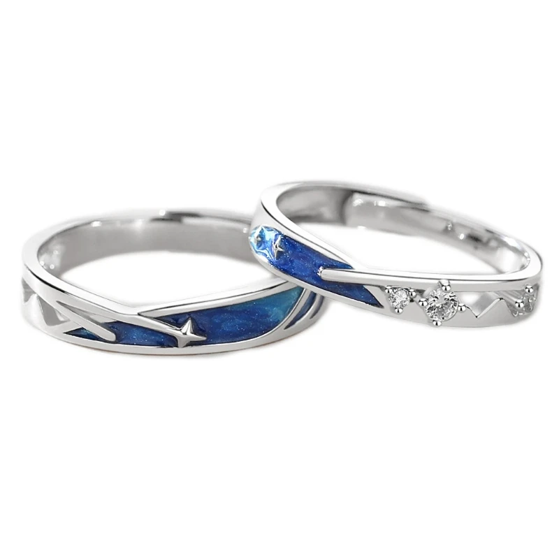 

2pcs Sea Blue Meteoric Star Couple Rings Set Promise Wedding Bands for Lover 264E