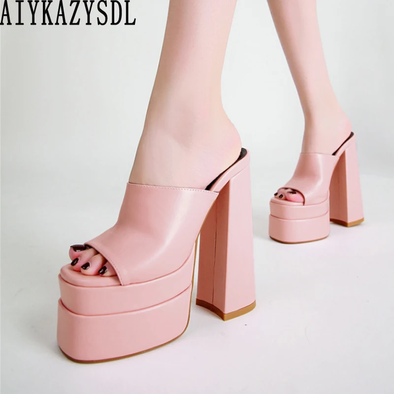 

AIYKAZYSDL Women Open Toe Sandals Peep Toe Mules Slides Faux Leather Slides Flip Flops Platform Chunky Heel Summer Shoes 2022