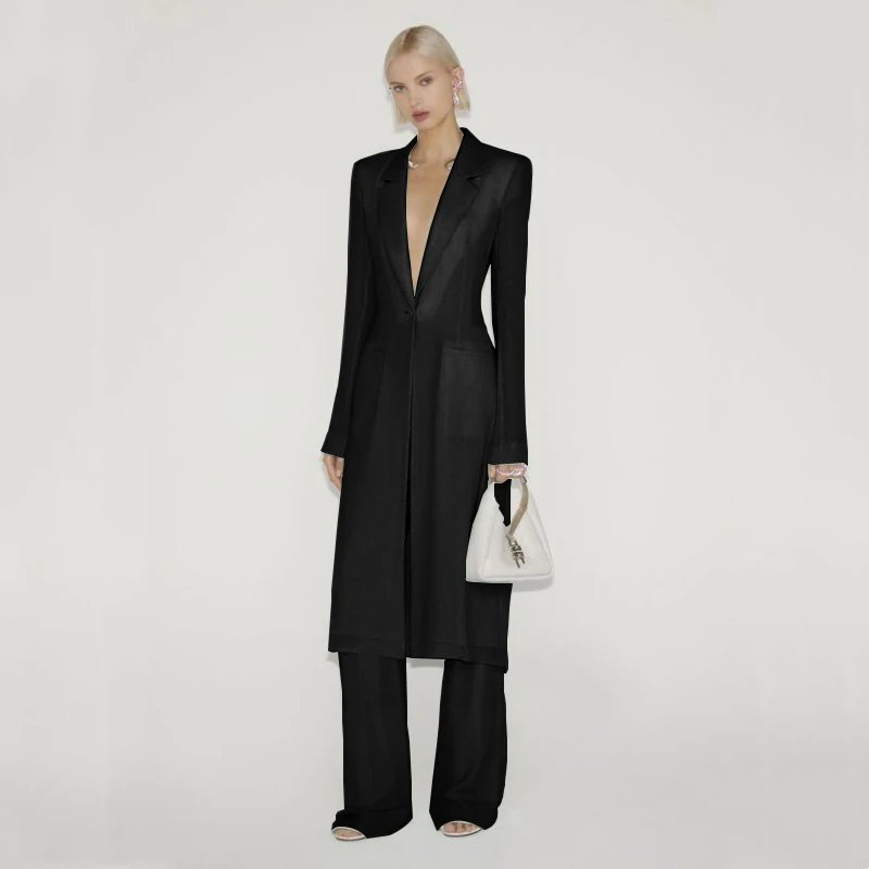 Elegant Ladies V Neck Single Breasted Maxi Dress Sexy Slim Dress Long Sleeves Monochrome Lapel Fashion Top 2 Pieces 2023