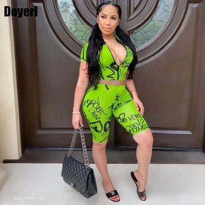 Облегающий комплект из двух предметов с надписью, женская сексуальная клубная одежда, летняя одежда для женщин 2022, подходящие комплекты, укороченный топ, комплект велосипедных шорт