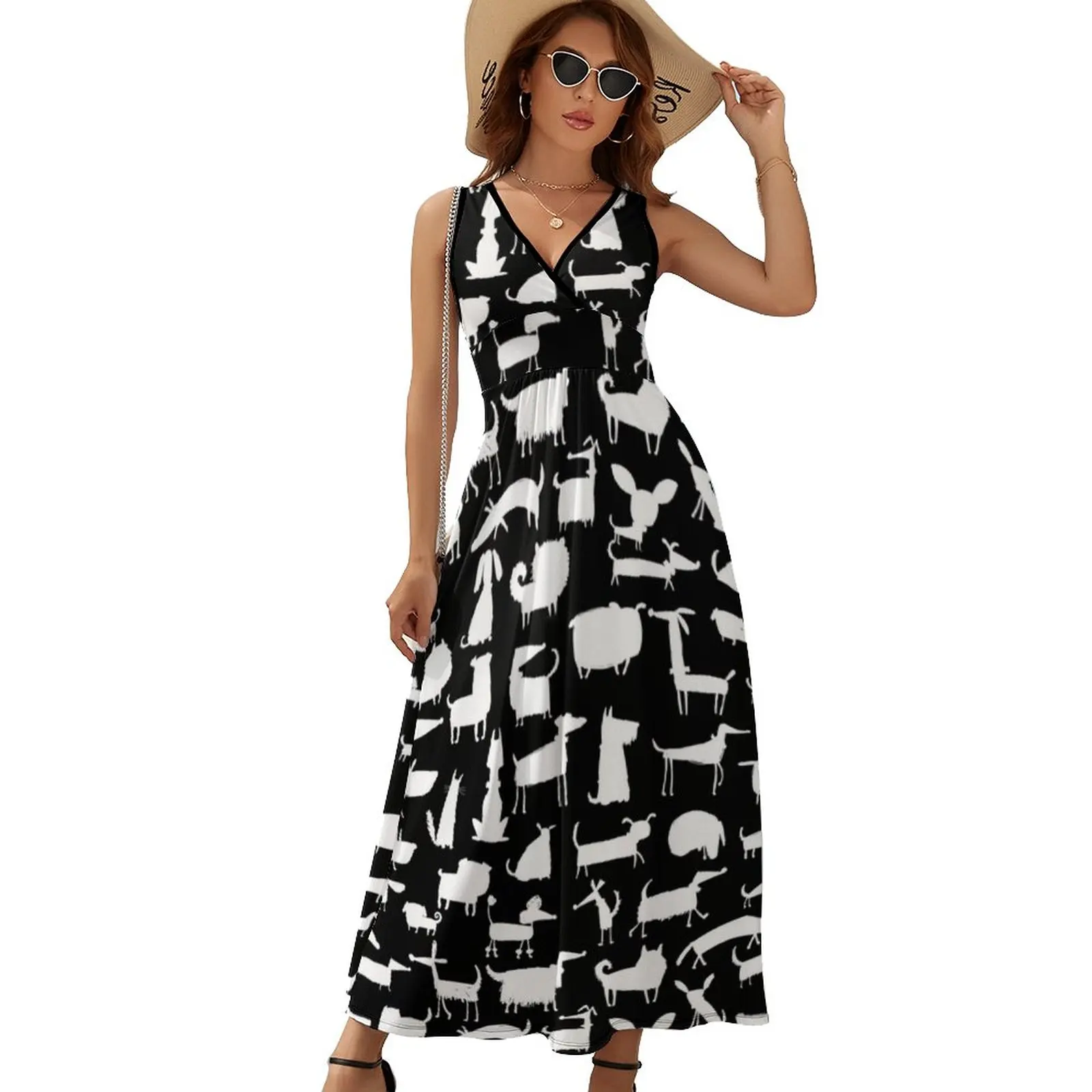 

White Animal Silhouette Dress Dogs Print Simple Boho Beach Long Dresses Woman Vintage Maxi Dress Pattern Clothing Birthday Gift