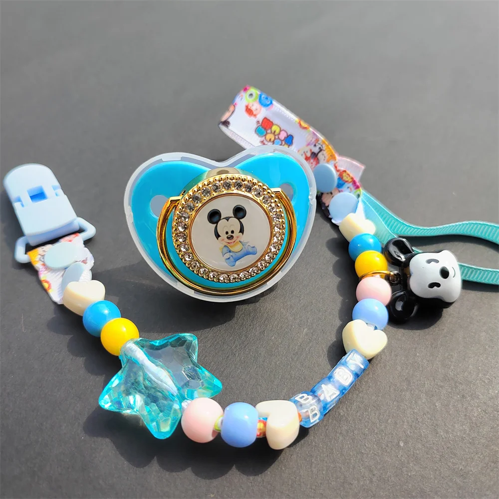 

[1 Set ] Newborn Luxury Pacifier for Babies 0-24m Beads Teethers Pacifier Clip Anime Mickey Mouse Cartoon Shape Holder BPA Free