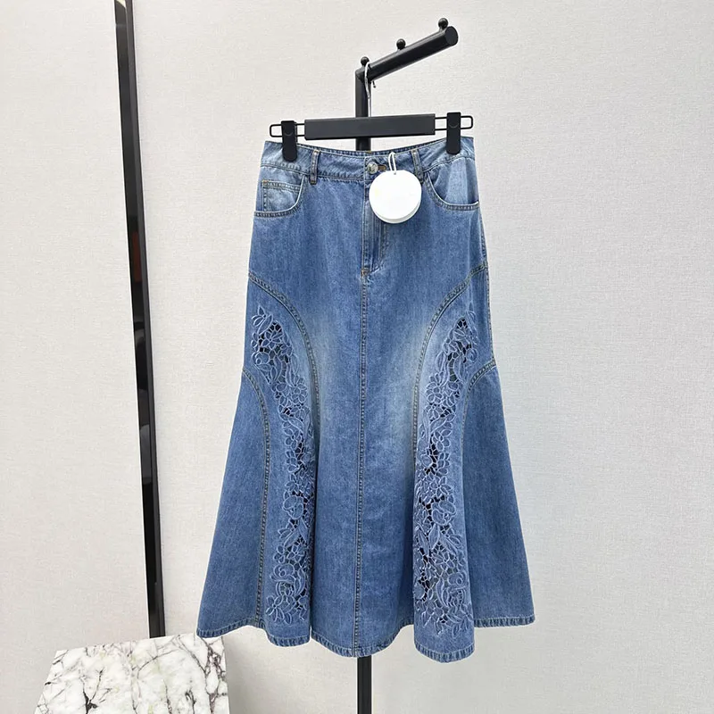 Юбка y2k женская с цветочной вышивкой ажурная хлопковая миди-юбка из денима