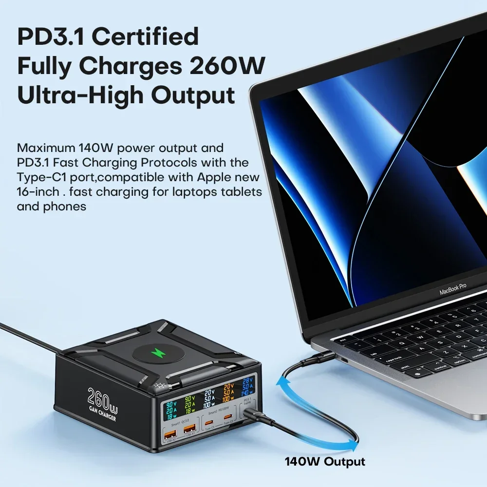 Зарядное устройство GaN 260 Вт типа C PD3.1 Быстрое зарядное для Macbook Tablet PPS Quick Charge 3.0 IPhone